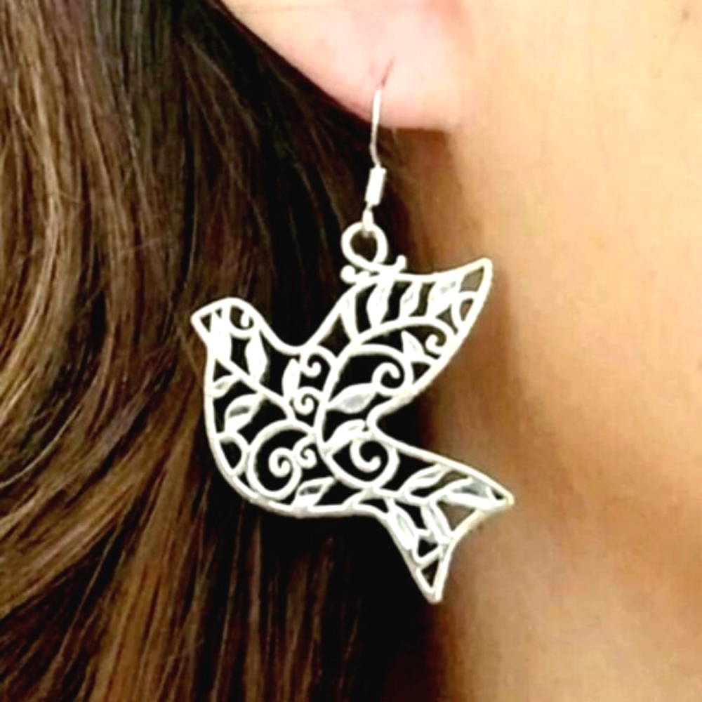Silver Dove Earrings Dangle Bird Earrings Peace Dove Jewelry Christmas Earrings